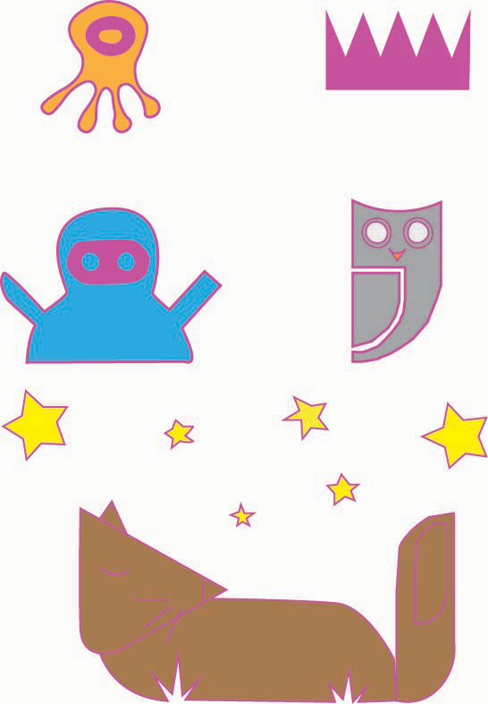 An assignment that I completed in Illustrator that depicts an octopus, crown, ghost, owl, fox, and stars. This assignment started off with a light outline of the objects and then we were to outline and colour them in using our Wacom pens. 